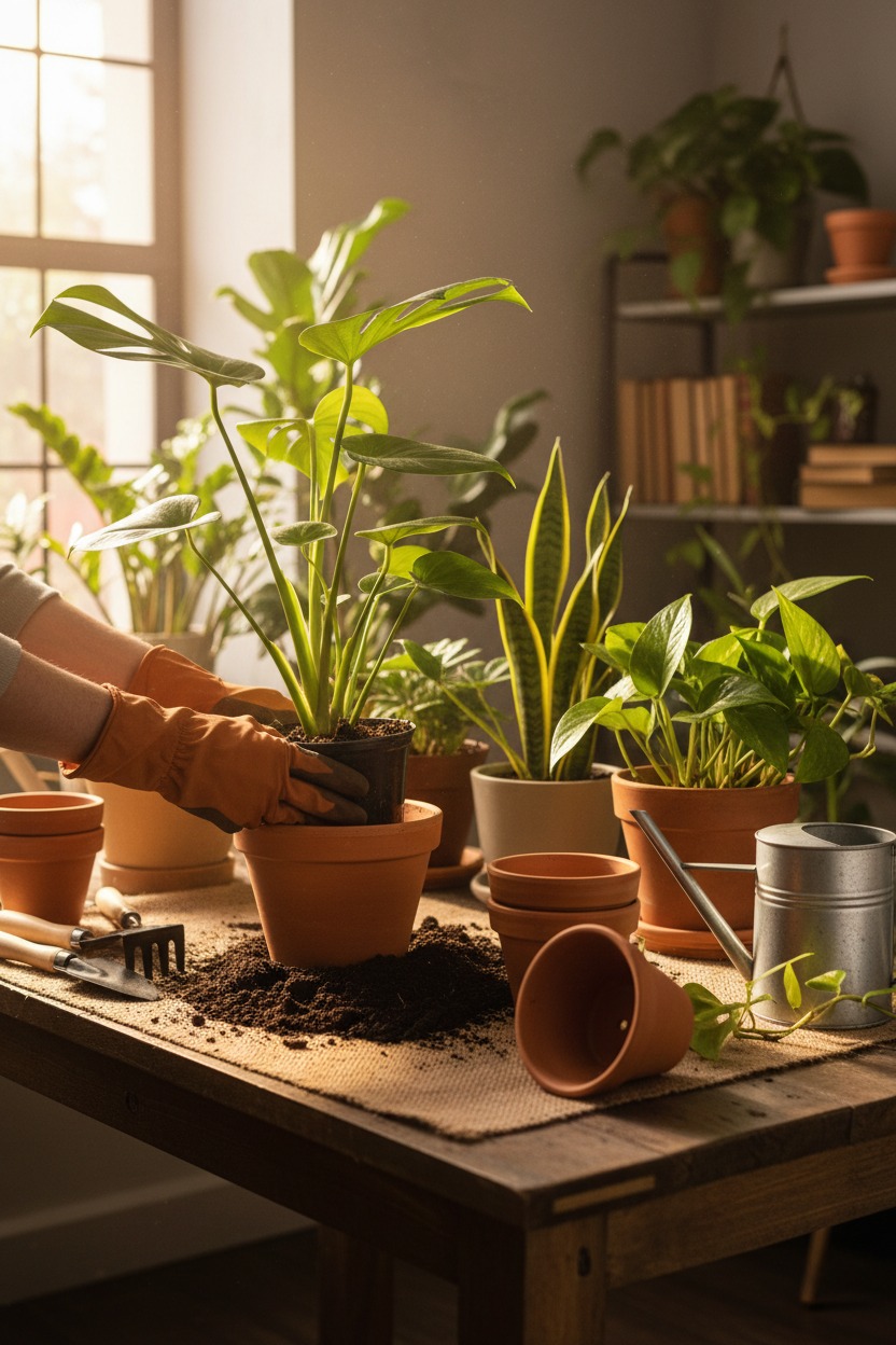 En person med orange trädgårdshandskar planterar om en monstera i en terrakottakruka på ett träbord fullt av växter och trädgårdsredskap.