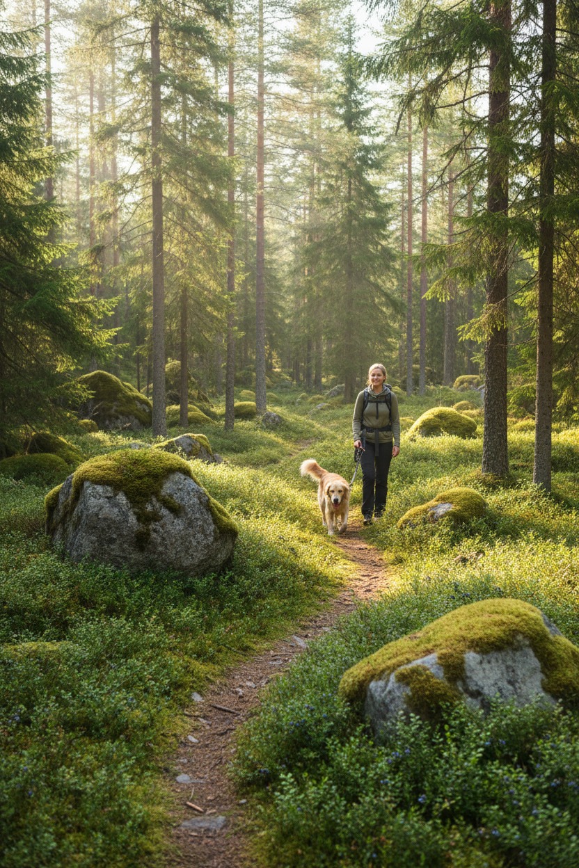 En kvinna promenerar med sin hund på en skogsstig omgiven av mossa och höga tallar.
