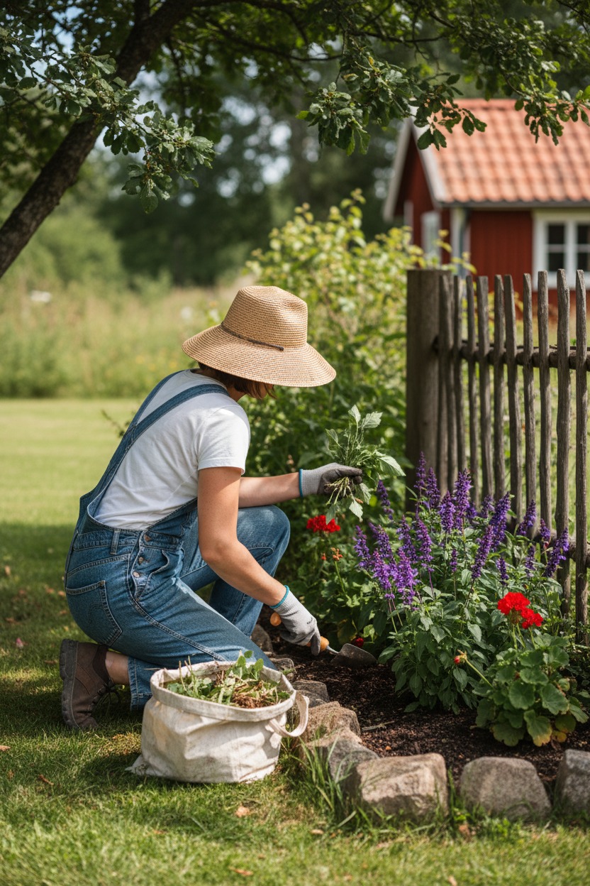 En person med halmhatt och hängselbyxor rensar ogräs i en blomsterrabatt bredvid ett trähus.